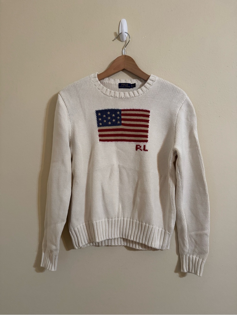 Polo Ralph Lauren American Flag Sweater USA Knit Crewneck Cream XL - Picture 1 of 5